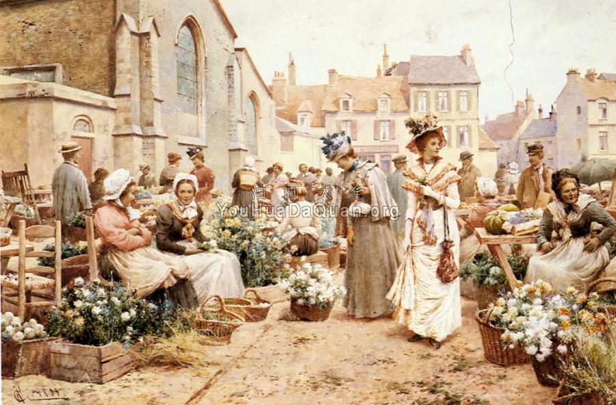 Flower Market in a French Town - 阿尔弗雷德·格伦迪宁